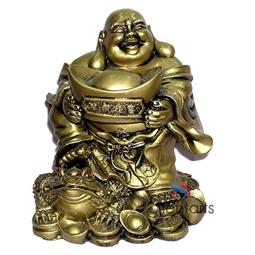 Bronze Laughing Buddha with Ingot on Money Frog for Wealth Feng Shui