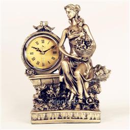 Lady with Flower Basket Statue Resin Tabletop Clock