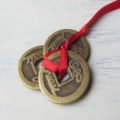 3 I Ching Coins Tied In Red Ribbon