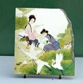 Ladies in Lotus Flower Pond Chinese Painting Reproduction on Marble Slab